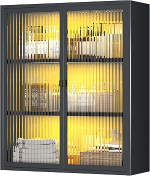 Bathroom Wall Cabinet,Metal Medicine Cabinet with Fluted Glass Doors,Wall Mounted Cabinet Over The Toilet,Black Small Cupboard with Light Black