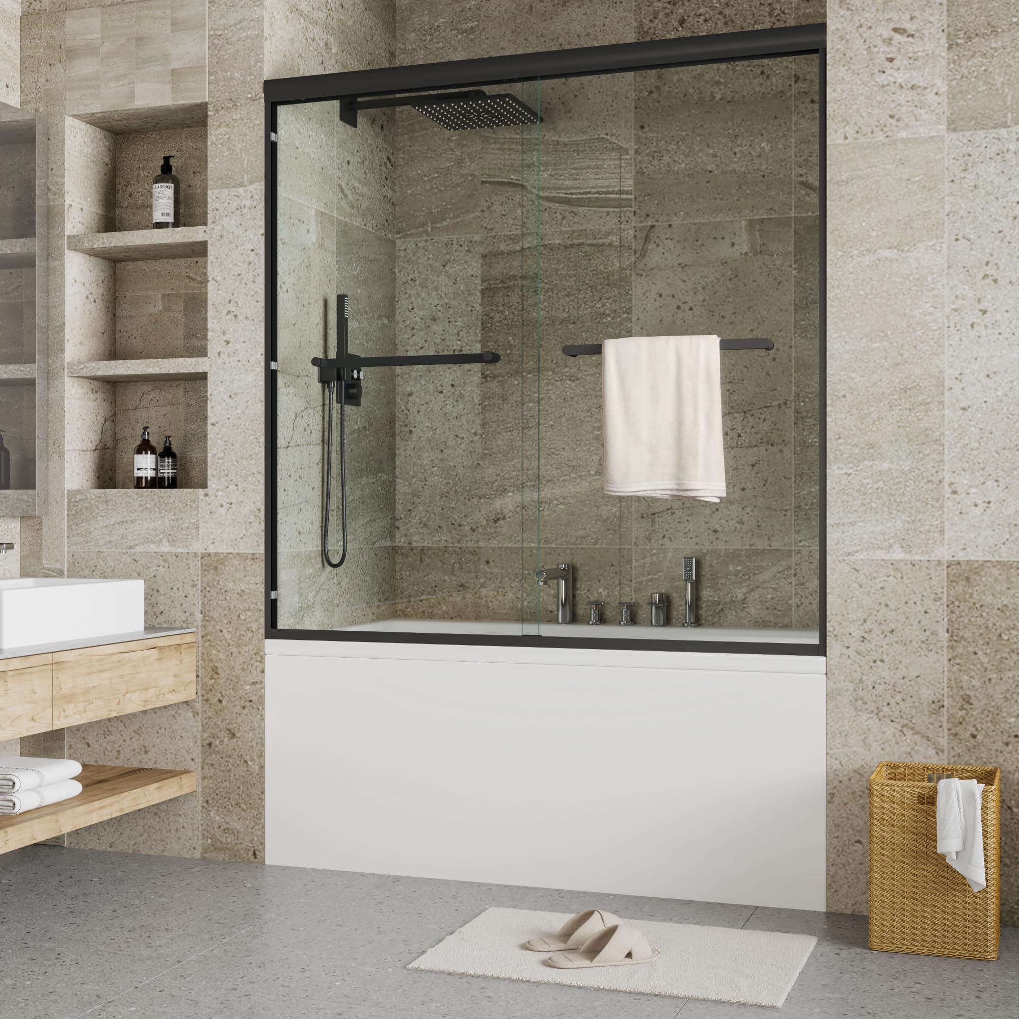 56"-60"W x 59"h Double Sliding Shower Door - Semi-Frameless Bypass Bathroom Door with 1/4" Tempered Glass,Matte Black Finish for Walk-in Shower
