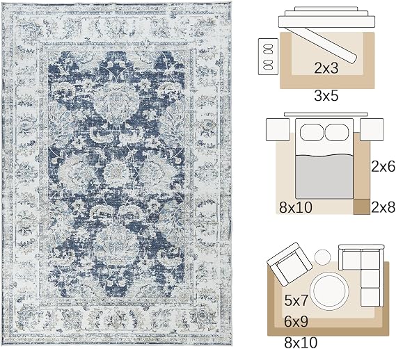 jinchan 2x3 Vintage Floral Area Rug, Washable Entryway Rug, Dark Blue | Traditional Floral Design, Distressed Finish, Soft Low Pile Surface, Non Slip, Easy Care, Kitchen Sink Bathroom Vanity