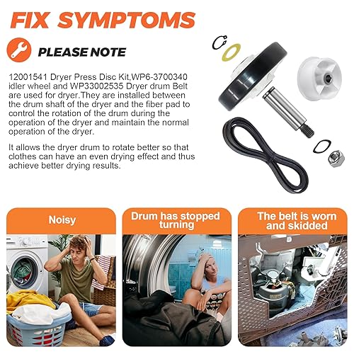 Miniatura 5 de 12001541 303373K Kit de rodillo de tambor de secador, cinturón de tambor WP33002535, 6-3700340 polea tensora actualizada, 15 años de garantía, apto