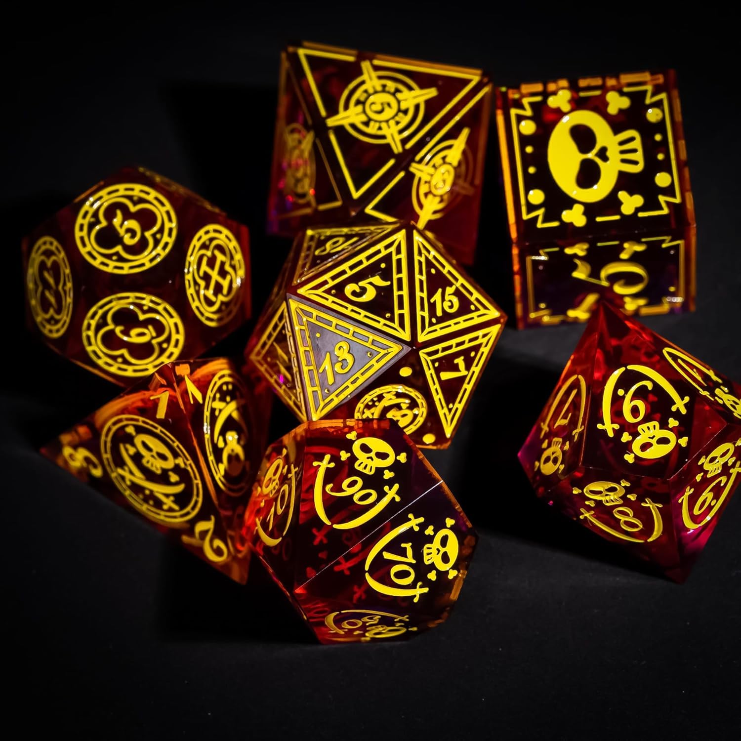 Cusdie 7-Piece Sharp Edges DND Dice Set with Pirate Design - Perfect for Tabletop RPGs Board Games Gifting and Collecting(Red w/Yellow Pirate Pattern)