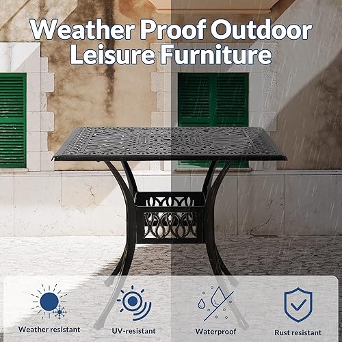 Miniatura 6 de Mesa de comedor al aire libre de 35.4 pulgadas, mesa cuadrada de patio de aluminio fundido de bronce, mesa grande rústica con agujero para paraguas
