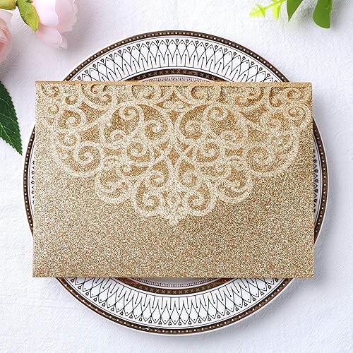 Vista 42 de ponatia 5.12 x 7.2 Invitaciones de boda de corte láser con purpurina negra, bolsillos de invitación triples cortados con láser con sobres