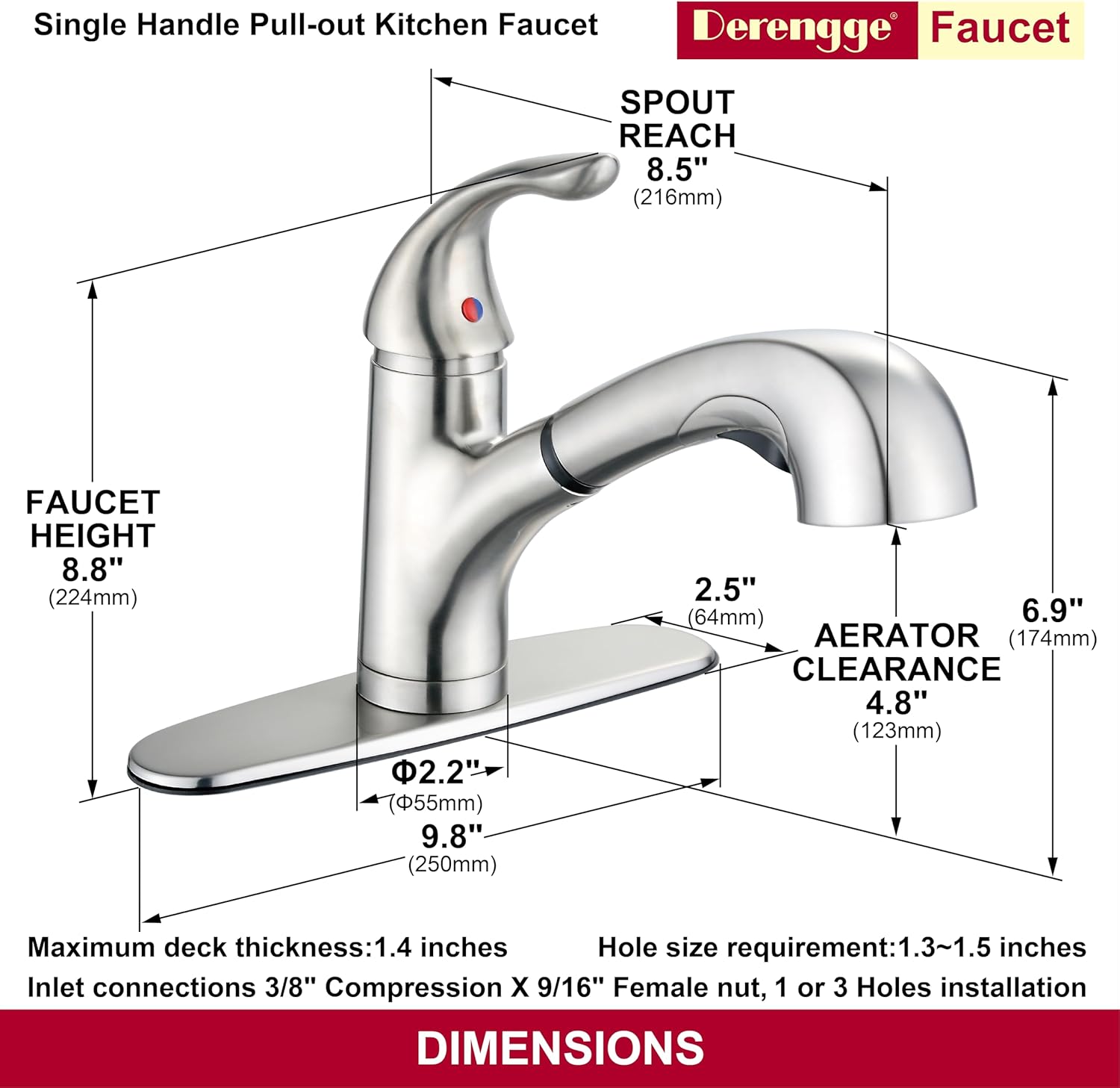Single Handle Pull Out Kitchen Faucet,Stainless Steel Kitchen Sink Faucet with Deck Plate for Farmhouse, Camper, Laundry, Rv, Bar,EW-083F-BN - Image 2