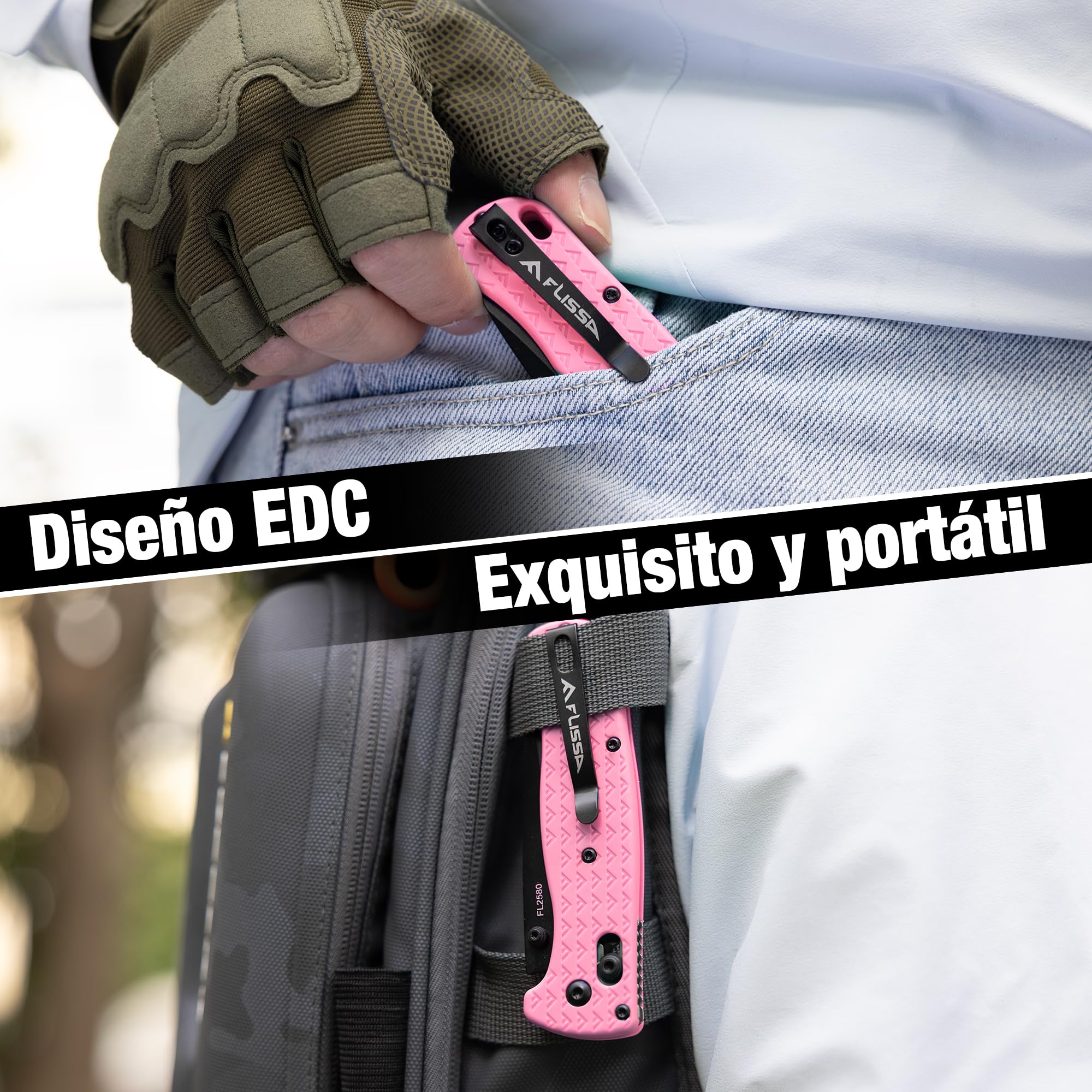 FLISSA Navaja Plegable EDC de 190mm, Navaja de Bolsillo de Acero 14C28N con Recubrimiento de Titanio Negro, Cuchillo Plegable Ligero y Compacto para Camping, Senderismo, Aventura y Viaje, Rosa