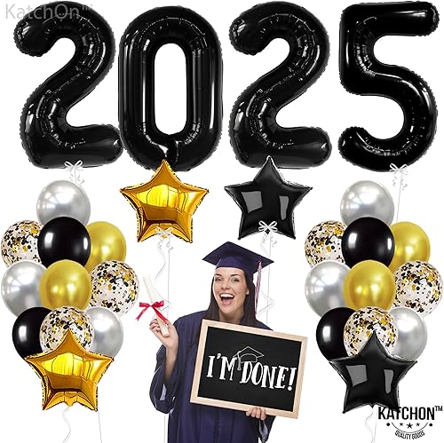 Miniatura 6 de KatchOn, Juego de globos negros 2025, enormes de 40 pulgadas, paquete de 36 | Globos de graduación 2025, decoraciones de graduación negras y doradas