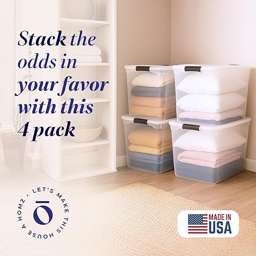 Miniatura 2 de HOMZ - Paquete de 4 contenedores organizadores de almacenamiento de plástico transparente, 112 cuartos de galón, pestillos grises, cajas apilables