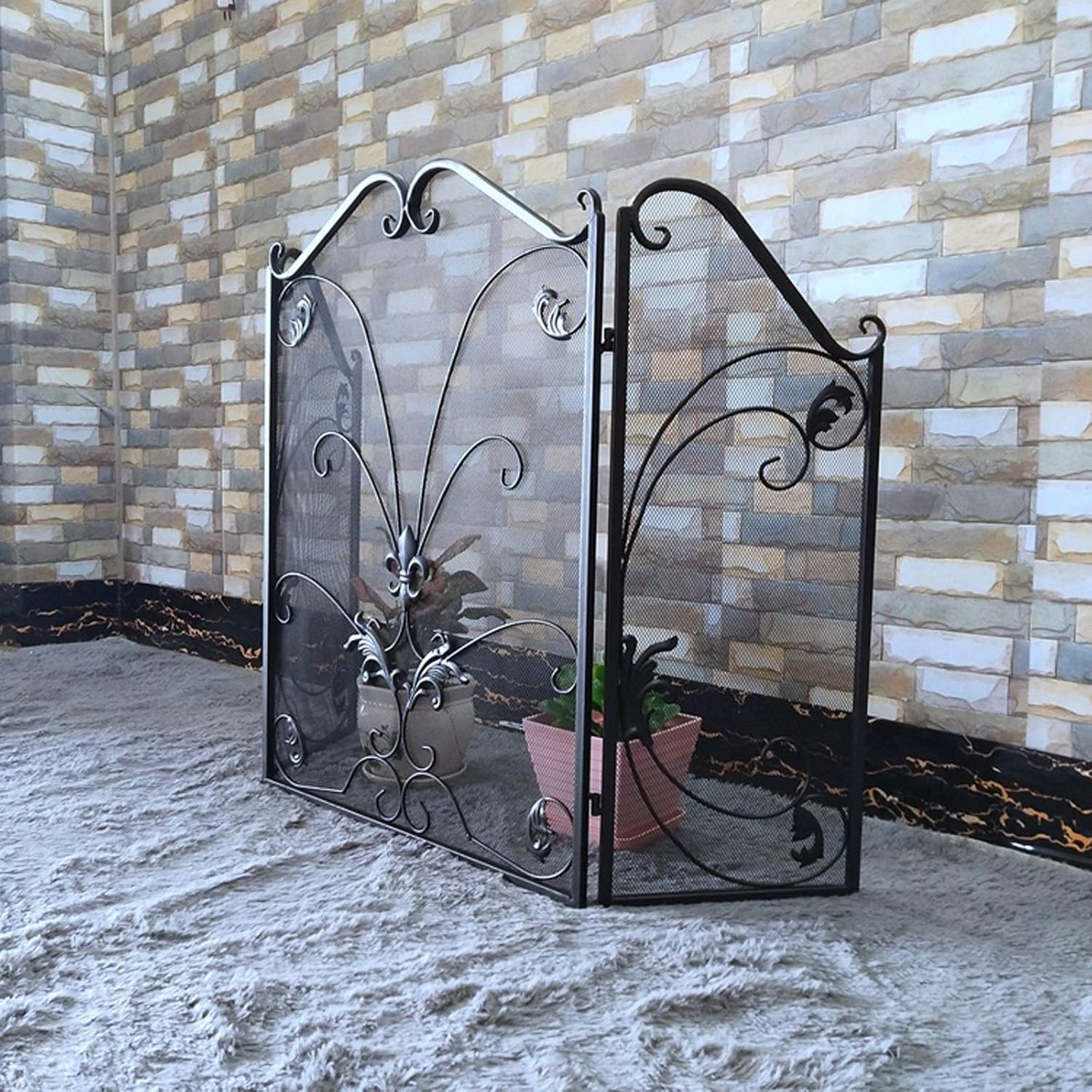 Wrought Iron Fireplace Screen 3 Panel with Leaf Design - Spark Guard & Decorative Cover for Fireplaces (Color: B)