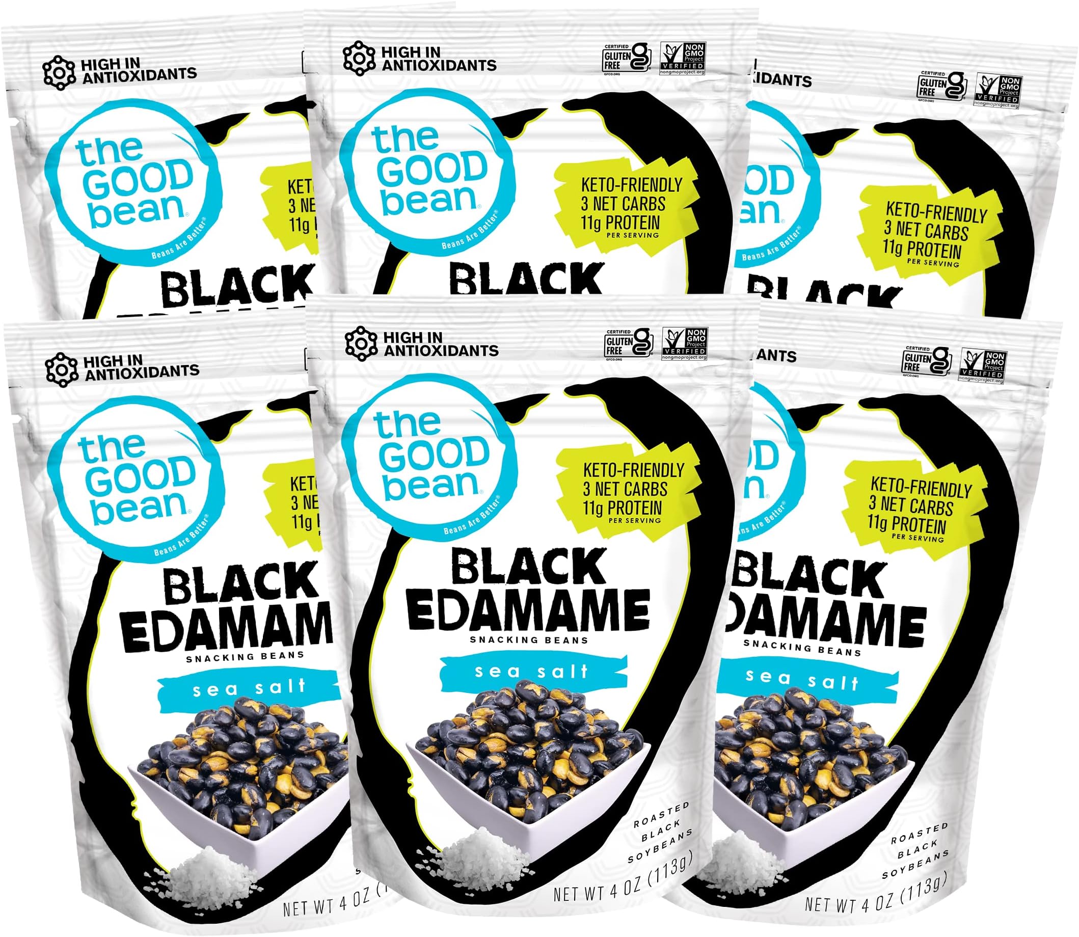 The Good Bean Black Edamame Snacking Beans - Sea Salt - (6 Pack) 4 oz Resealable Bag - Roasted Black Soybeans - Keto-Friendly Snack with Good Source of Plant Protein and Antioxidants