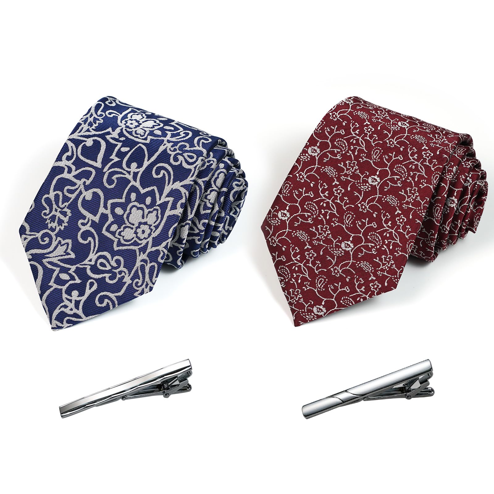 Gorgeous Island Ties for Men, 2 Silk-Blend Ties with 2 Tie Clips Set, Eco-Gift Packaging, Navy Blue Tie, Burgundy Tie, Floral
