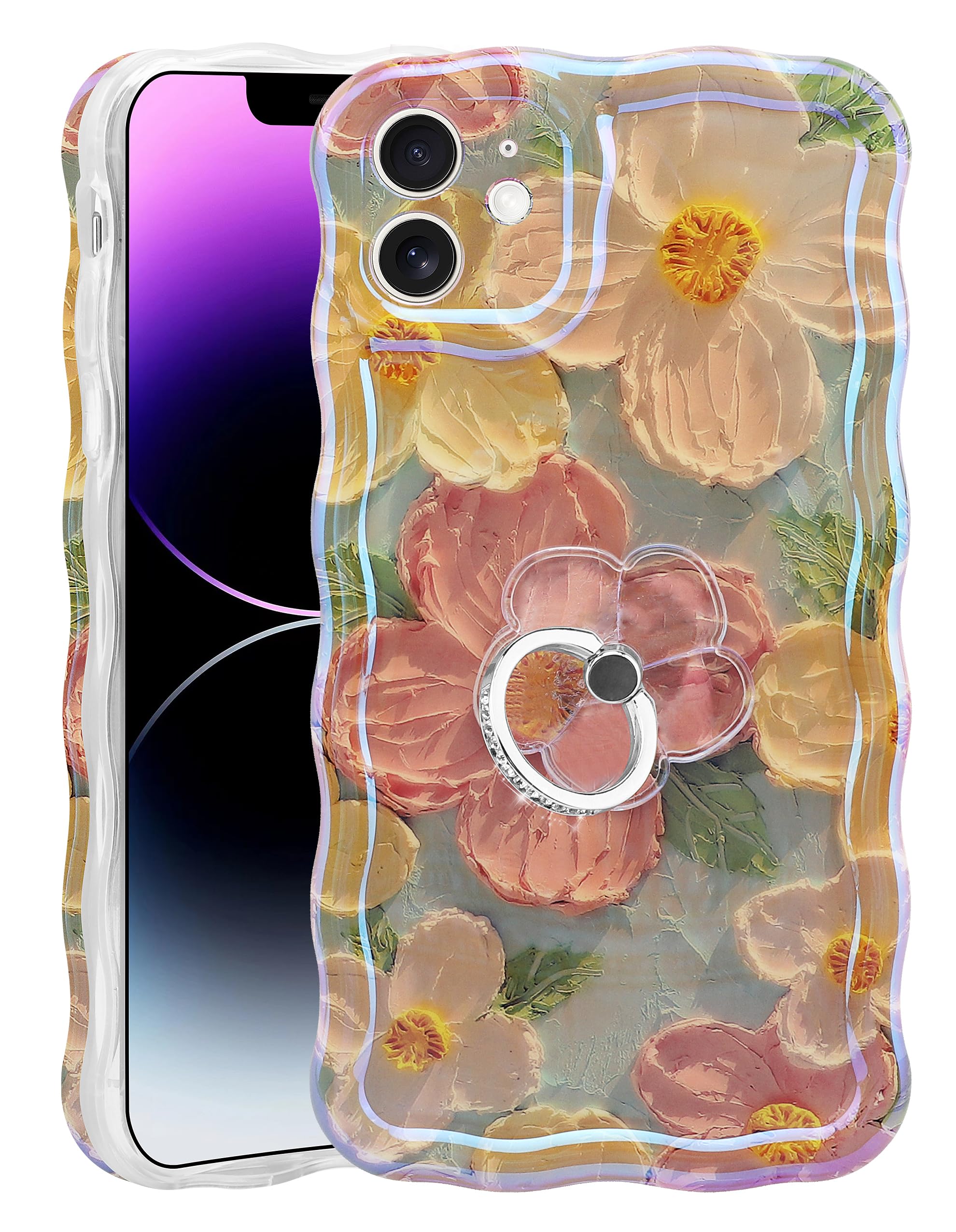 JusyOil Painting Flower Compatible with iPhone 12 Case with Ring, Colorful Retro Floral Cute Curly Wave Frame Women Girls Cover for Apple 12 (Green)