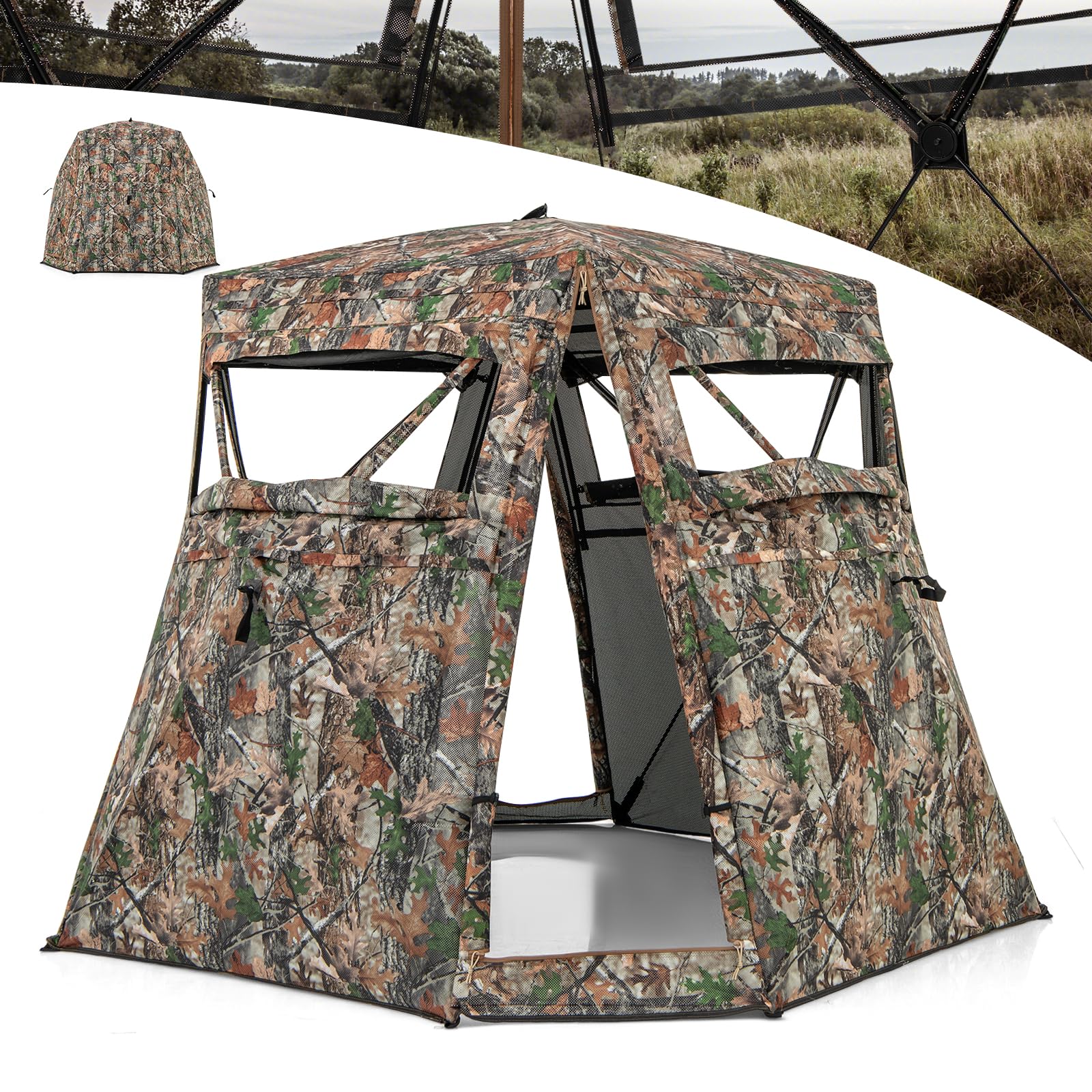 GYMAX Tenda da Caccia 2 in 1, Tenda da Caccia per 2-3 Persone, Tenda da Caccia Trasparente a 360° con Borsa da Trasporto e Porta Completamente Apribile, Tenda Mimetica Pieghevole