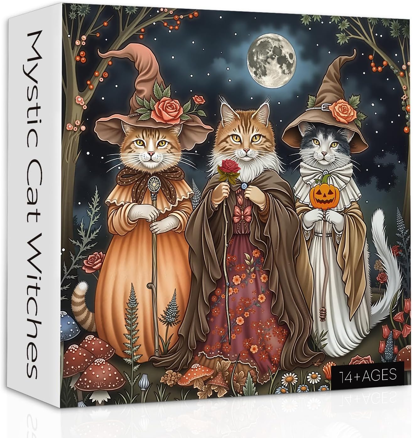 Cat Puzzles for Adults 1000 Pieces, Fantasy Witch Cats with Flowers Jigsaw Puzzle, Fall Magic Pumpkin Kitten Animal Puzzle