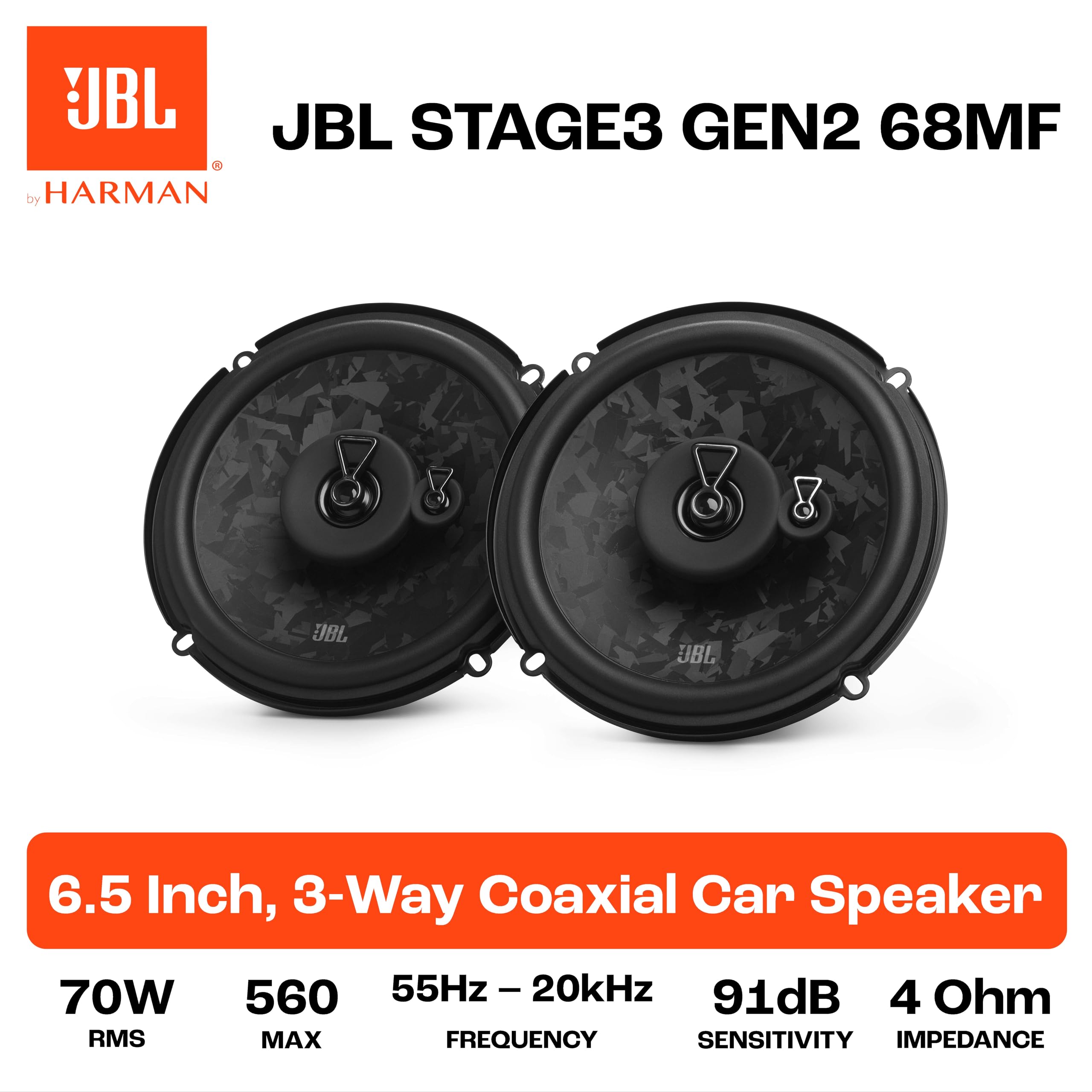 JBL Stage3 Gen2 68MF Coppia Altoparlanti Auto Coassiali a 3 Vie, 16,5 cm (165 mm), 95W RMS / 560W Picco, Tecnologia Woofer Plus One™, Tweeter PEI, Impedenza 3 Ohm, Senza Griglie (Flush Mount)