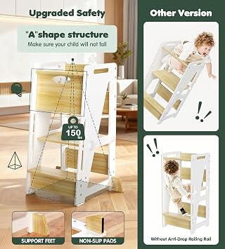 OPAUL Toddler Tower Kitchen Helper Stool - 3 Level Adjustable Height Wooden Learning Step Stool for Kids, Super Sturdy with Non-Skid Feet, Safe Toddler Standing Tower for Counter(Ages 18M-6 Years)