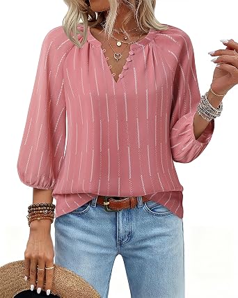 VALOLIA Womens 3/4 Sleeve Blouses Button Down Shirt Business V Neck Casual Clothing Blouses Dressy Casual Chiffon Tops
