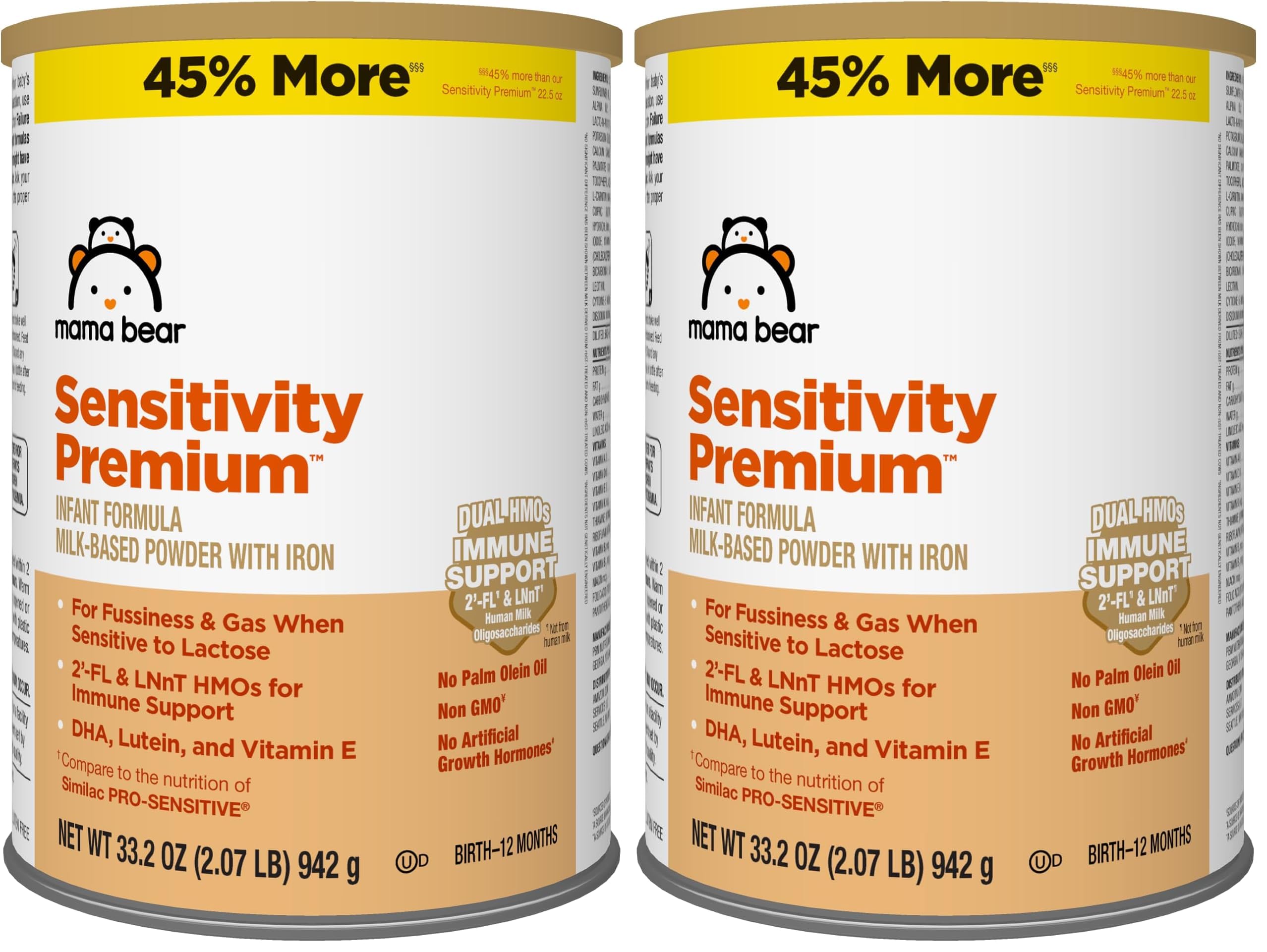 Amazon Brand - Mama Bear Sensitivity Premium Infant Formula Powder with Iron, Dual HMOs for Immune Support, Non-GMO, for Fussiness and Gas from Lactose Sensitivity, 33.2 Ounce (Pack of 2)