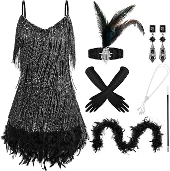 7 Pcs 1920s Flapper Accessories for Women Feather Boa V Neck Dress Earrings Headwear Gloves Necklace