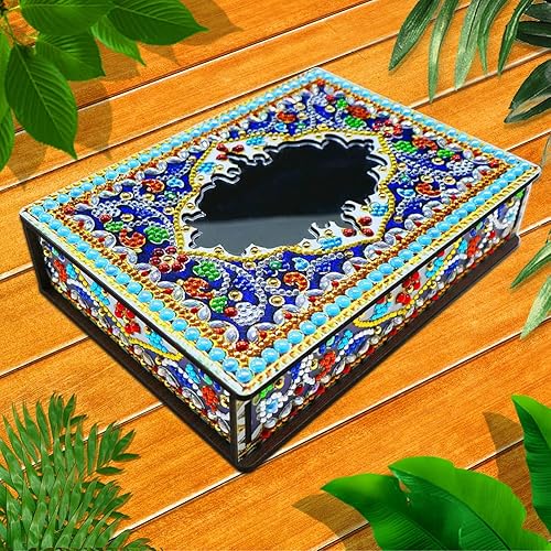 Miniatura 9 de AZURAOKEY Caja decorativa de arte de diamantes de mandala, con kit de espejo, con forma especial, cristal de diamantes de imitación, caja de