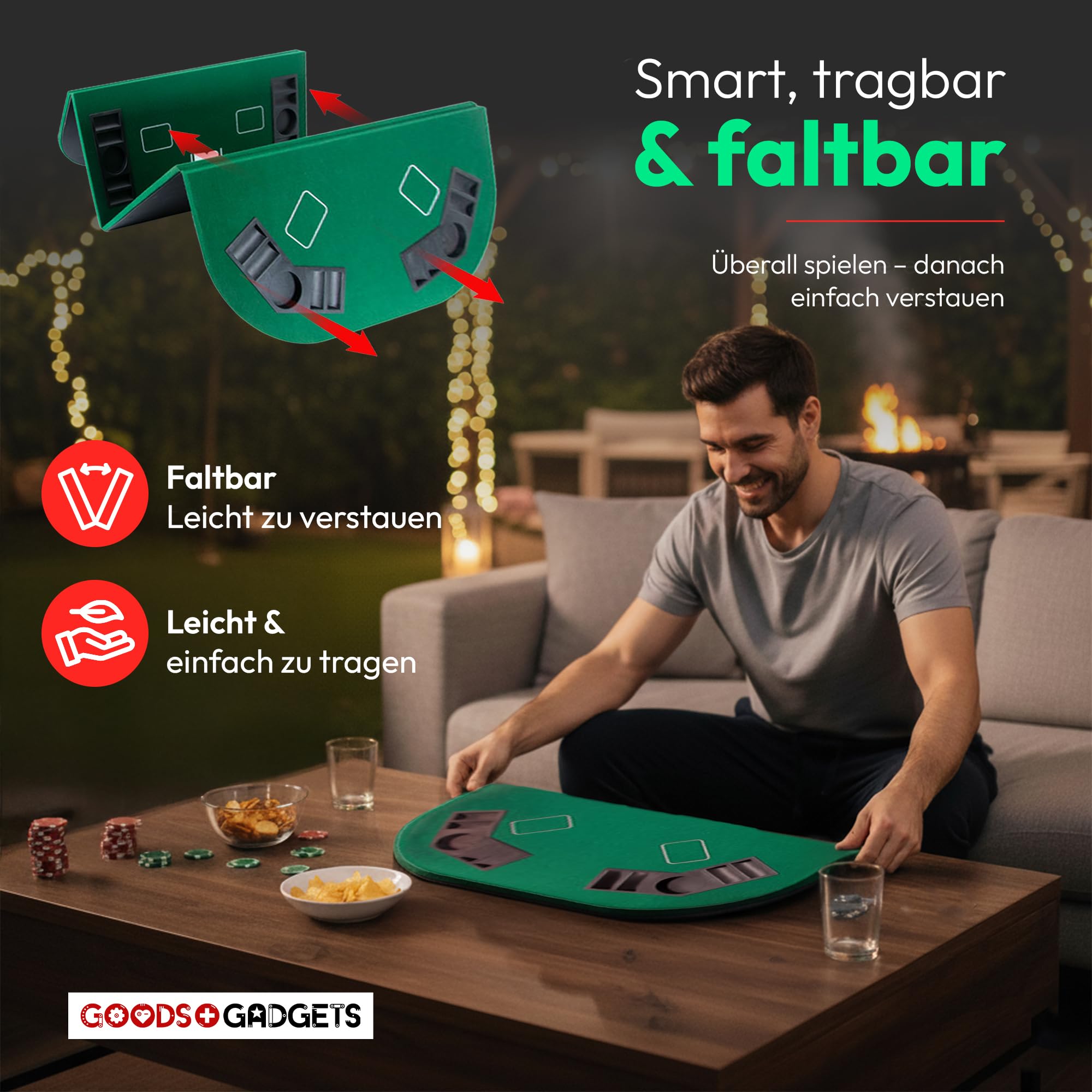 GOODS+GADGETS XXL Pokertisch-Auflage 160 x 80 cm Faltbare Pokerauflage mit Filz, 8 Getränkehaltern, Grün