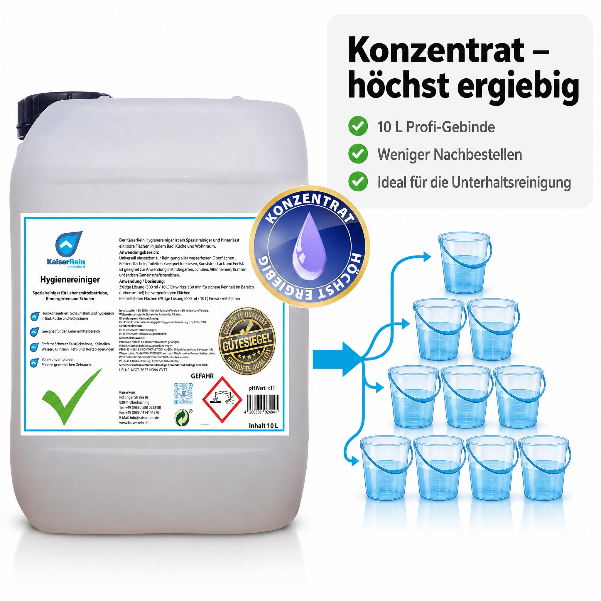 KaiserRein Hygienereiniger Konzentrat, Profi-Universalreiniger für Bad, Küche & Boden, Sanitärreiniger/Kalkreiniger/Fettlöser, 10 L Kanister, schaumfähig für wasser- & säurebeständige Oberflächen
