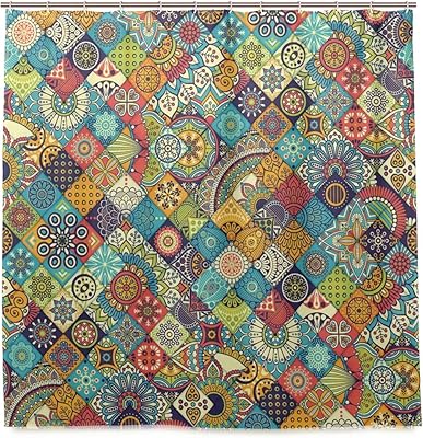 Amazon Co Jp Ninehasa シャワーカーテン 防水 ポリエステル 風呂カーテン 浴室 おしゃれ かわいい 民族の装飾的な花の数字と 幾何学模様 取付簡単 浴室 間仕切り カーテンリング付属 Home Kitchen