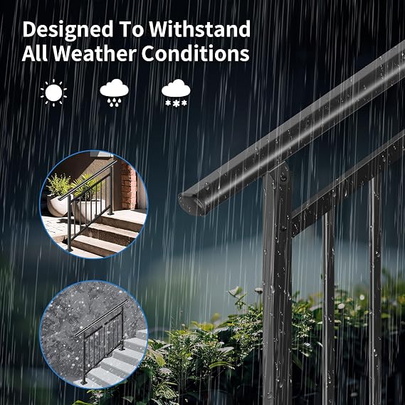 Upgrade 2 in 1 Stair Handrail&Horizontal Railing, Adjustable 4 Step Stair Railing Kit, Black Wrought Iron Handrails for Outdoor Steps,Concrete,Wood, Deck and Porch Hand Rails, with Installation Kits