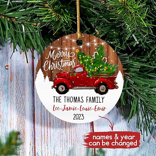 Vista 5 de Adornos de Navidad, adorno de árbol de Navidad de camión rojo, adorno de Navidad personalizado de camión rojo, adorno de Navidad de Feliz Navidad