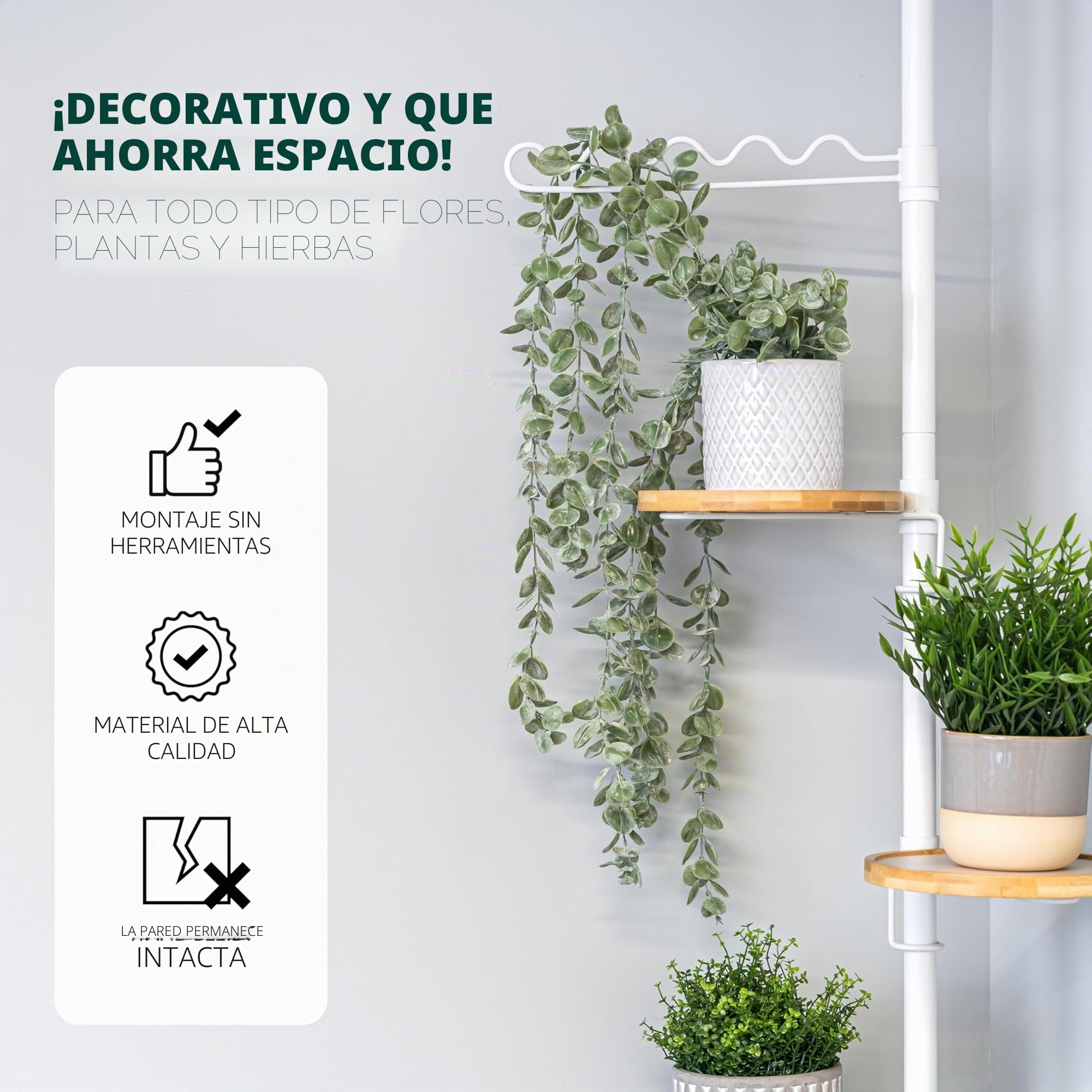 bremermann Estantería telescópica para flores 4 estantes y soporte para trepar, versátil para usar en el salón, el baño o la cocina - altura variable de 140 a 290 cm, color blanco