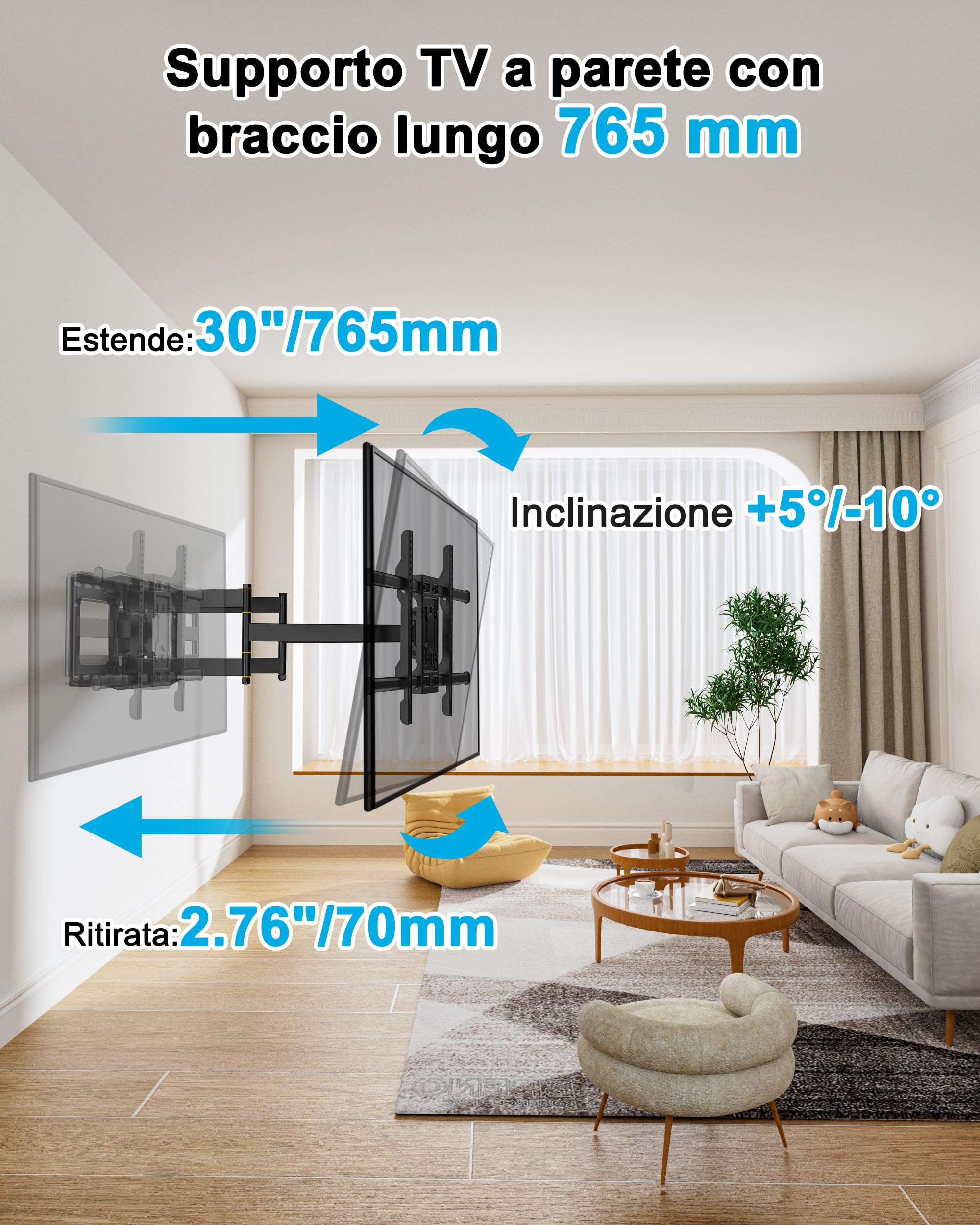 FORGING MOUNT Supporto a parete per TV a lunga portata per TV da 50-95 pollici Estensione di 765 mm Doppio braccio articolato inclinabile ed estensibile per Tv piatti e curvi, carico 75 kg