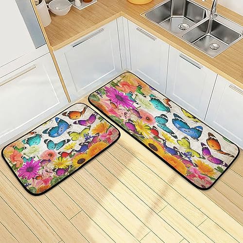 Juego de 2 alfombras de cocina de flores de primavera, diseño de girasol, tapete lavable perfecto para sala de estar, dormitorio, entrada