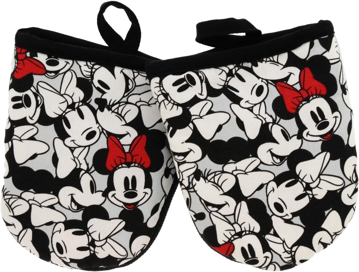 Disney Kitchen Cotton Mini Oven Mitts/Glove Set w/ Neoprene Insulation for Easy Gripping While Cooking, Heat Resistant Kitchen Accessories, 5.5” x 6.5”, Minnie Mouse Face (Gray), 2pk