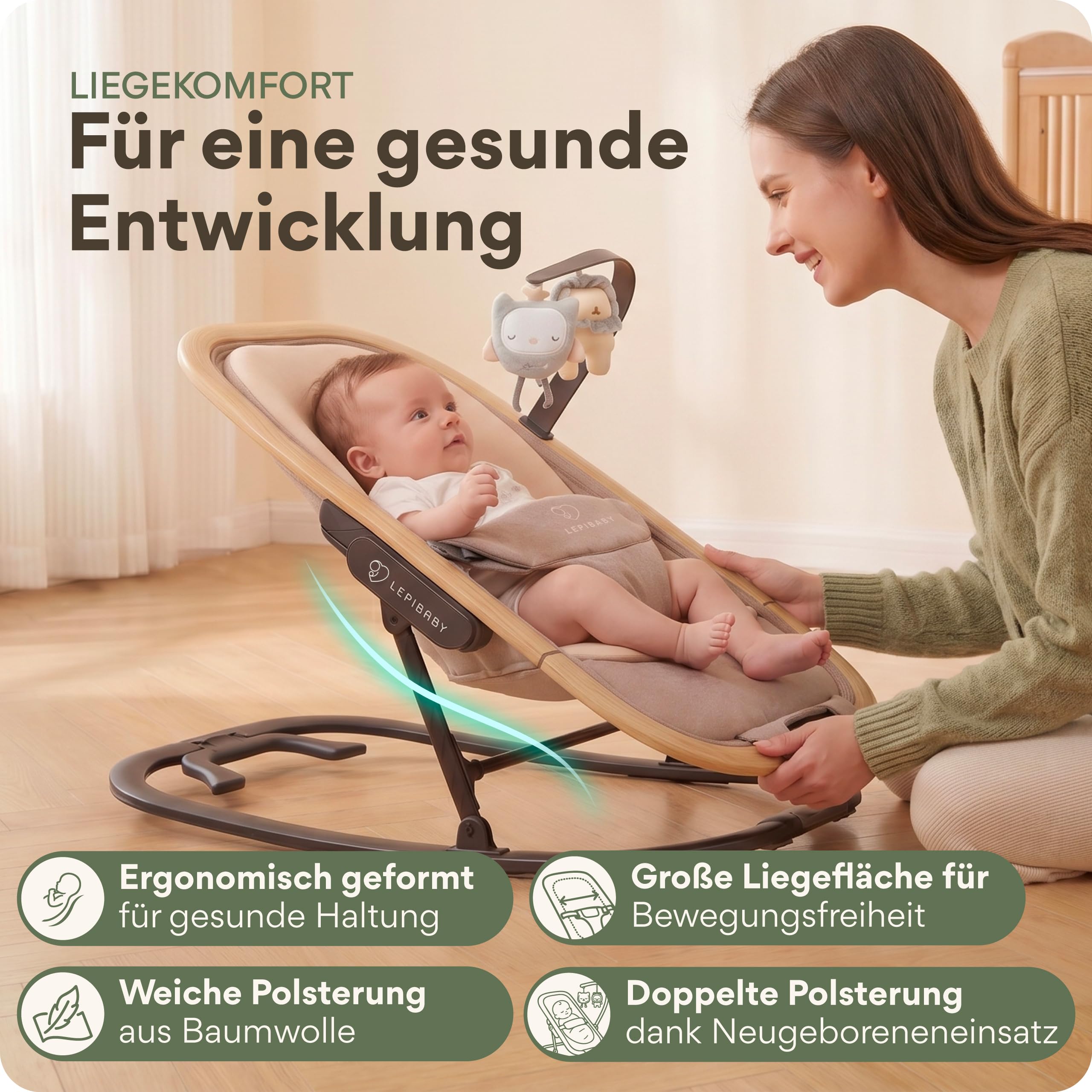 Babywippe Neugeborene, 0 bis 12 Monate, Baby Wippe, Baby Bouncer | Faltbarer Baby Rocker, Babyschaukel mit Spielbogen, Verstellbare Babywiege, Baby Schaukel leicht waschbar, FlexiBu Beige