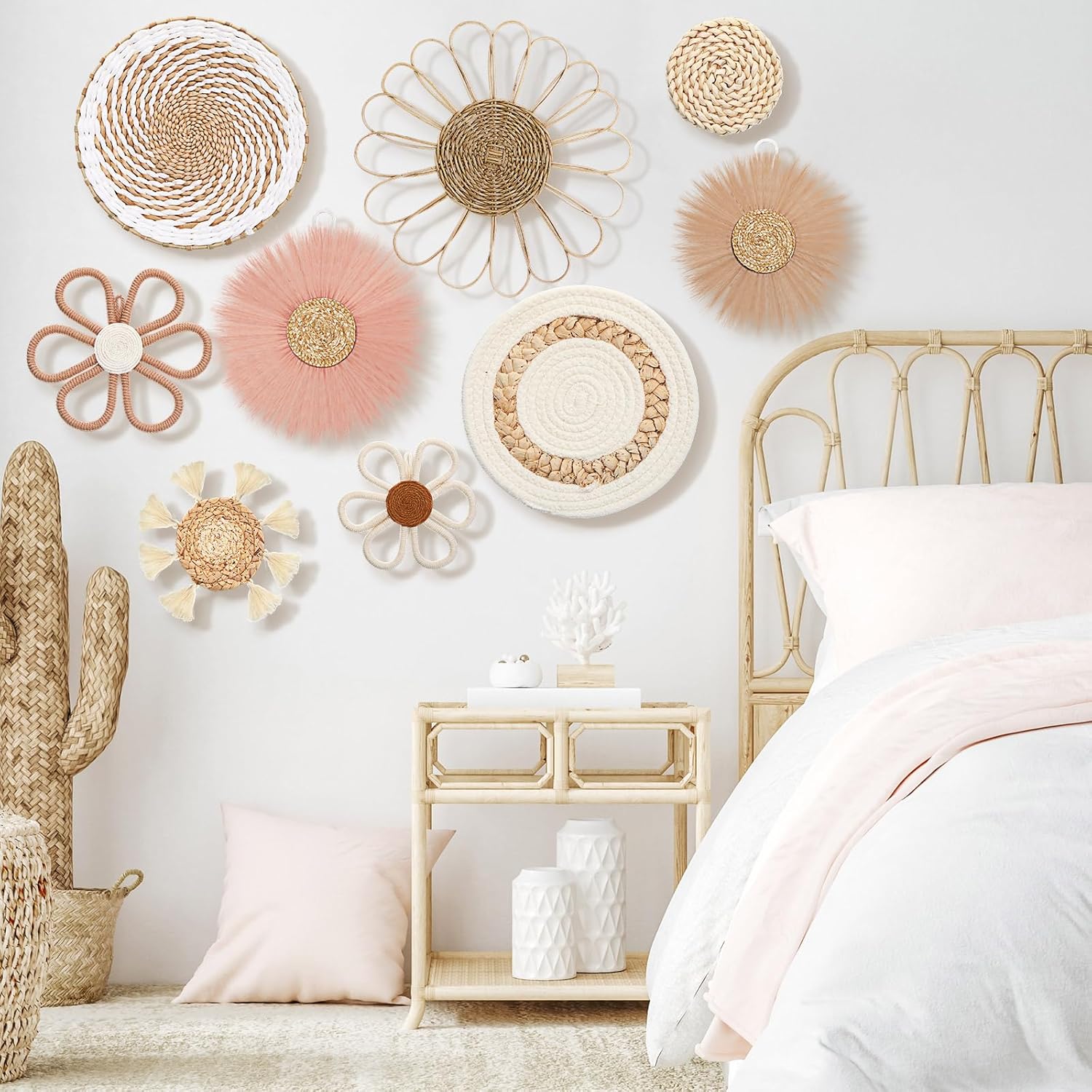 Chunful 9 Pcs Boho Nursery Wall Decor Daisy Flower Woven Macrame Seagrass Rattan Basket Wall Hanging Bohemian Decorations Gifts for Home Dorm Art Farmhouse Bedrooms Living Room(Pink Brown)