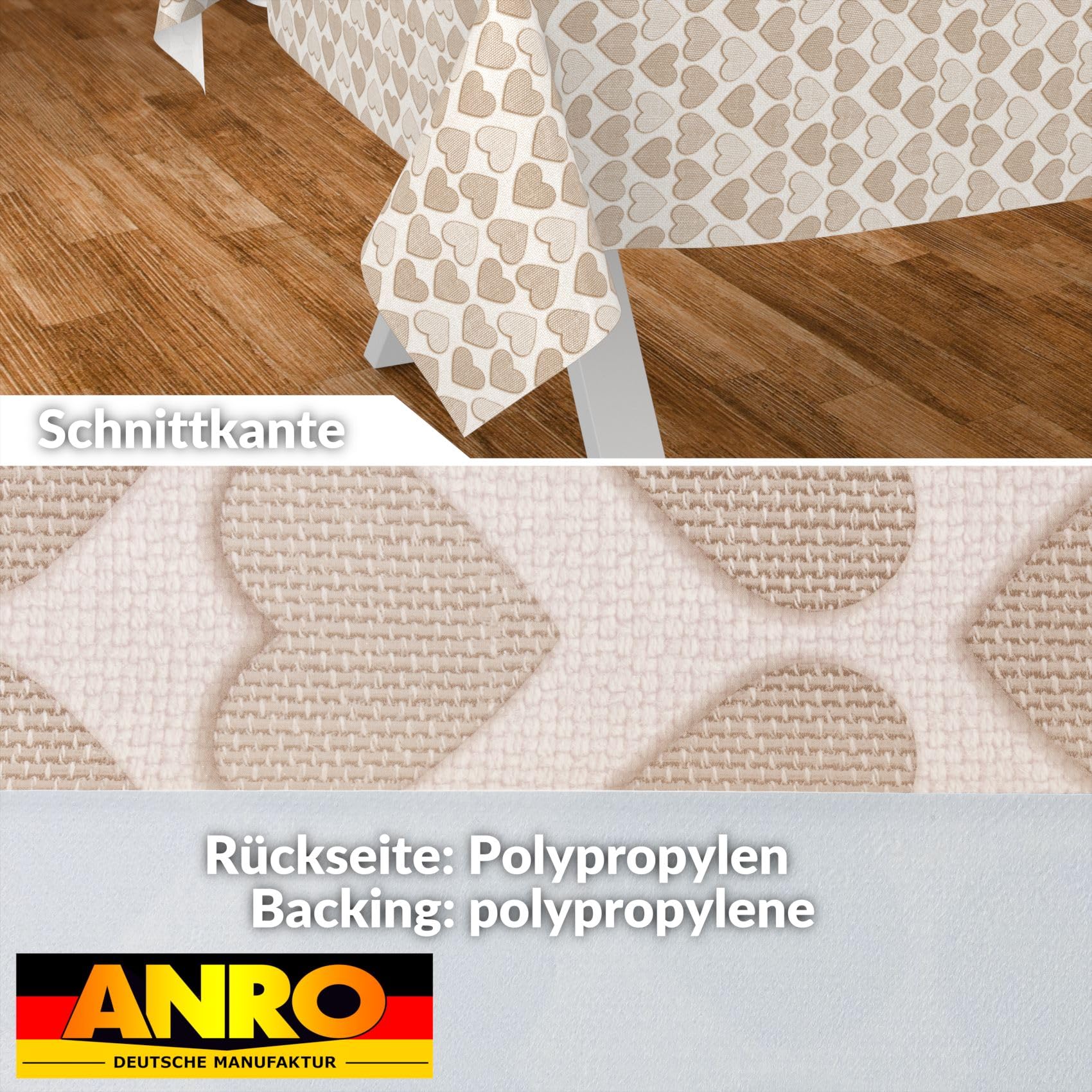 ANRO Oilcloth Tablecloth, Washable, Oilcloth, Garden Tablecloth, Outdoor, Indoor, 100 x 140 cm, Cut Edge, Heart, Beige - Image 2