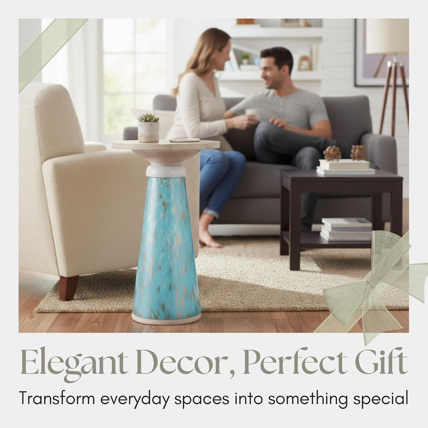 Glass Accent Table with Wooden Top, Modern Round Side Table for Living Room and Bedroom, No Assembly Required, Indoor/Outdoor, Glass and Wood Home Decor, Living Room Accent Table – 21", Brown & Blue
