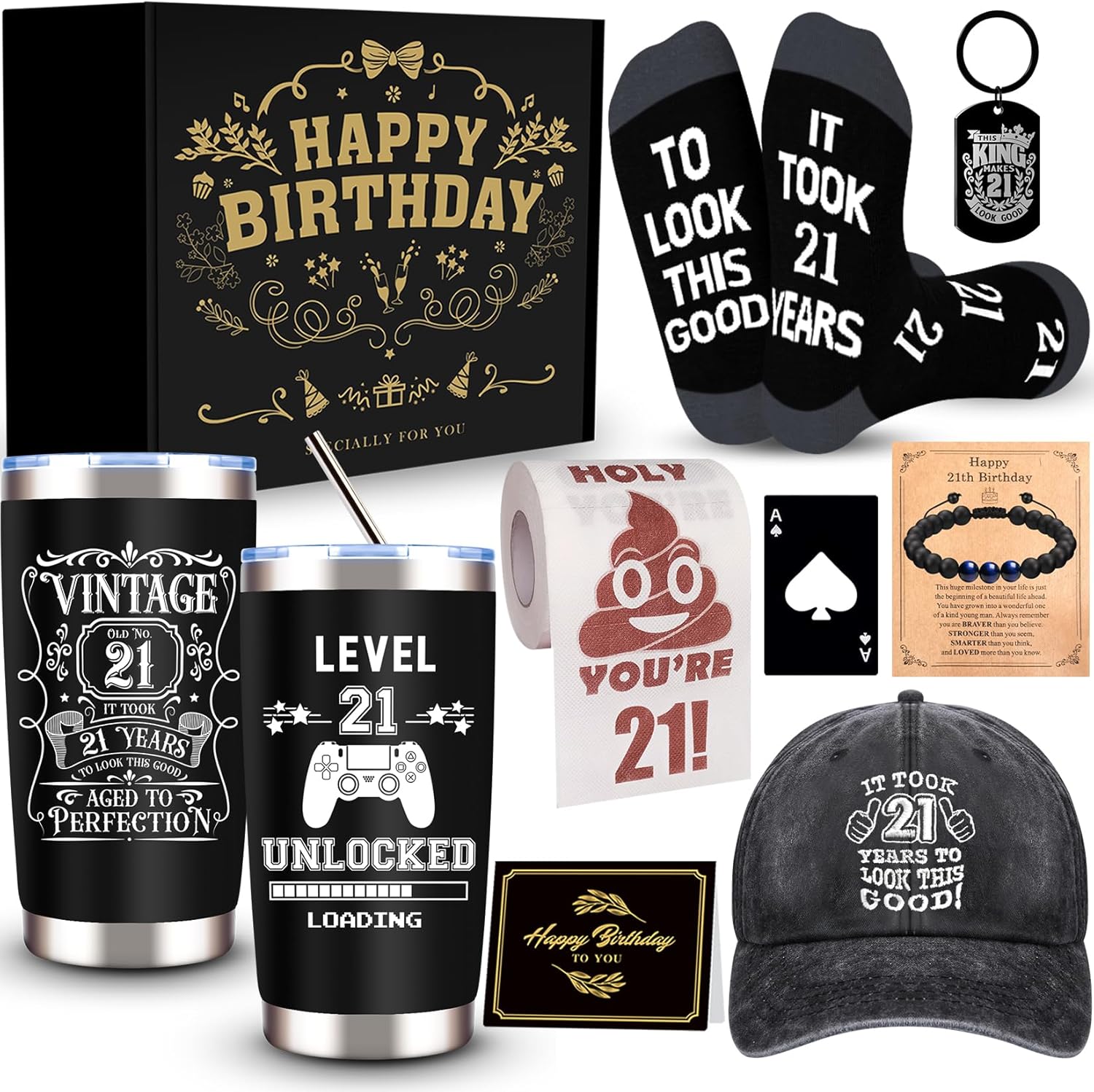 9 Pcs Happy 21st Birthday Gifts for Boys, 21 Year Old Boy Birthday Gifts with 20 Oz Tumbler, Funny Socks, Toilet Paper, Bracelet, Baseball Cap, Keychain for Son, Nephew, Grandson, Brother