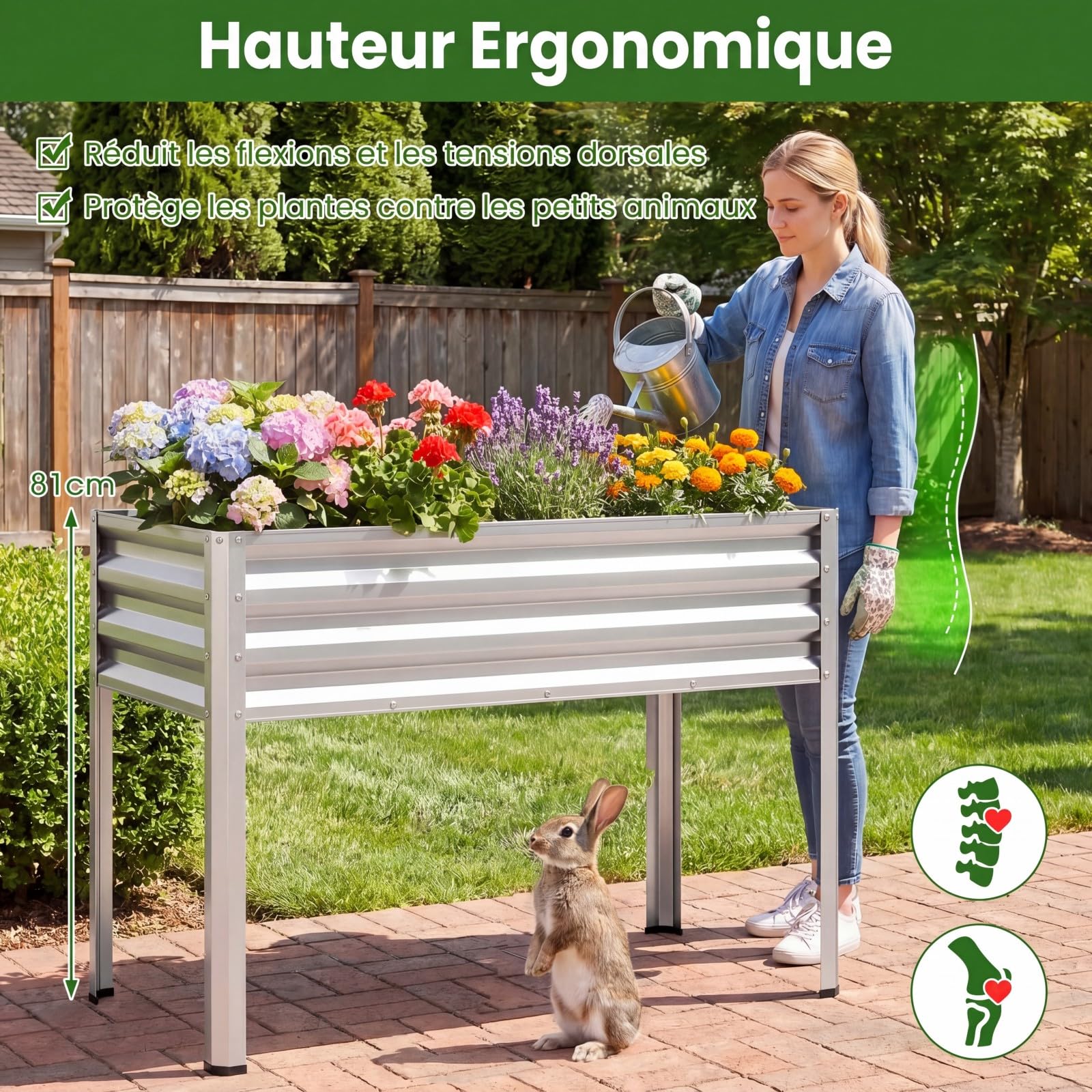COSTWAY Jardinière Surélevée en Métal 142 L, Carré Potager sur Pied avec Trous Drainage, pour Balcon Terrasse Cour, Lit de Jardin Surélevé pour Légumes Fleurs Fruits, 112 x 55 x 81 cm (Argent)