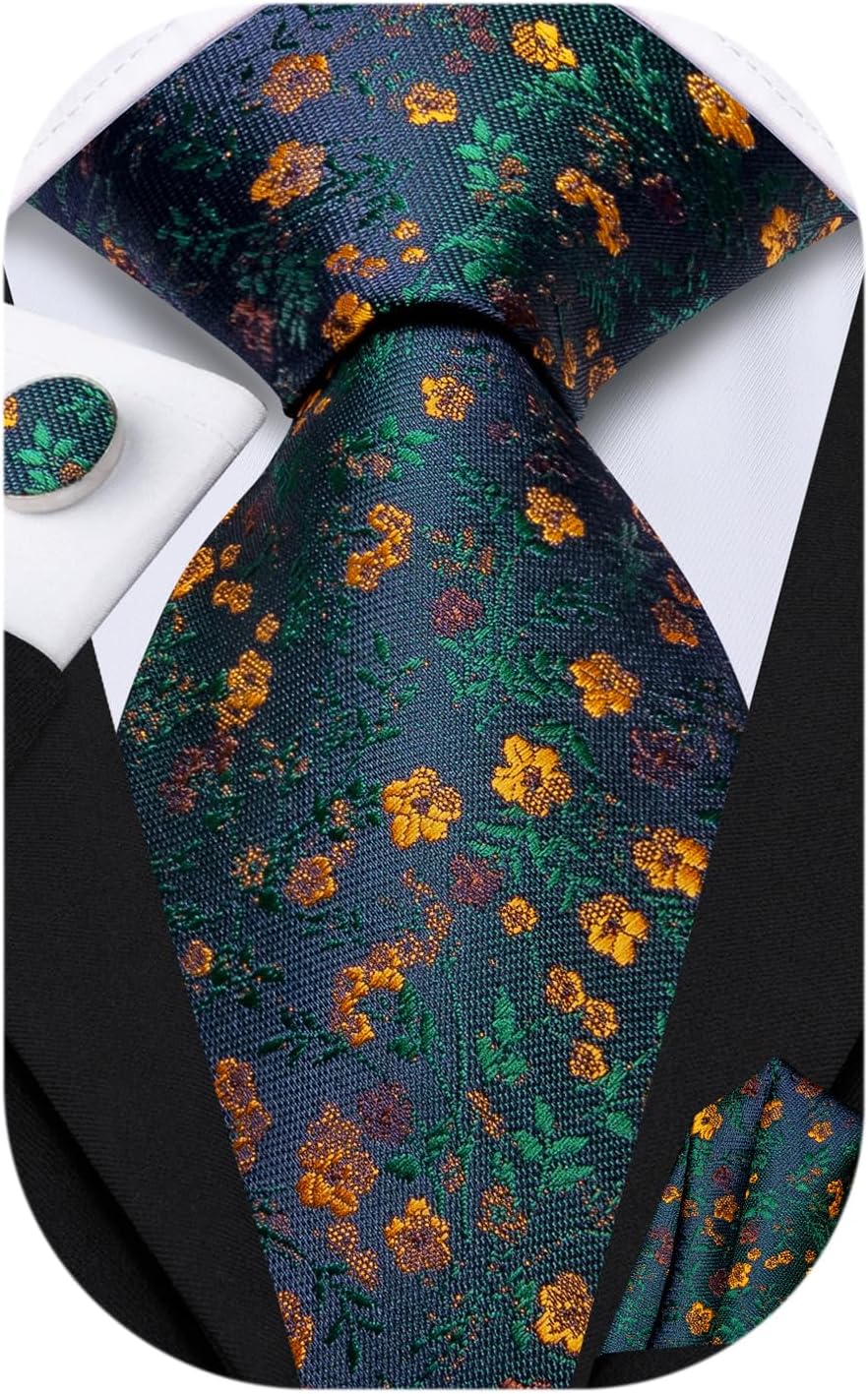 Dubulle Ties for Men Silk Mens Paisley Floral Striped Necktie and Handkerchief Cufflinks Wedding