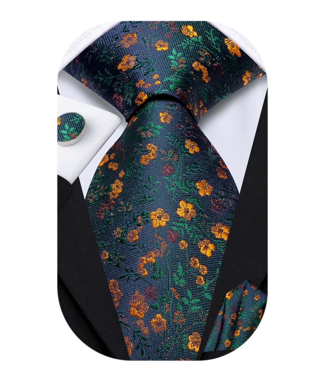 Dubulle Ties Set for Men Dark Blue Green Orange Paisley Floral Mens Striped Necktie and Handkerchief Cufflinks Wedding