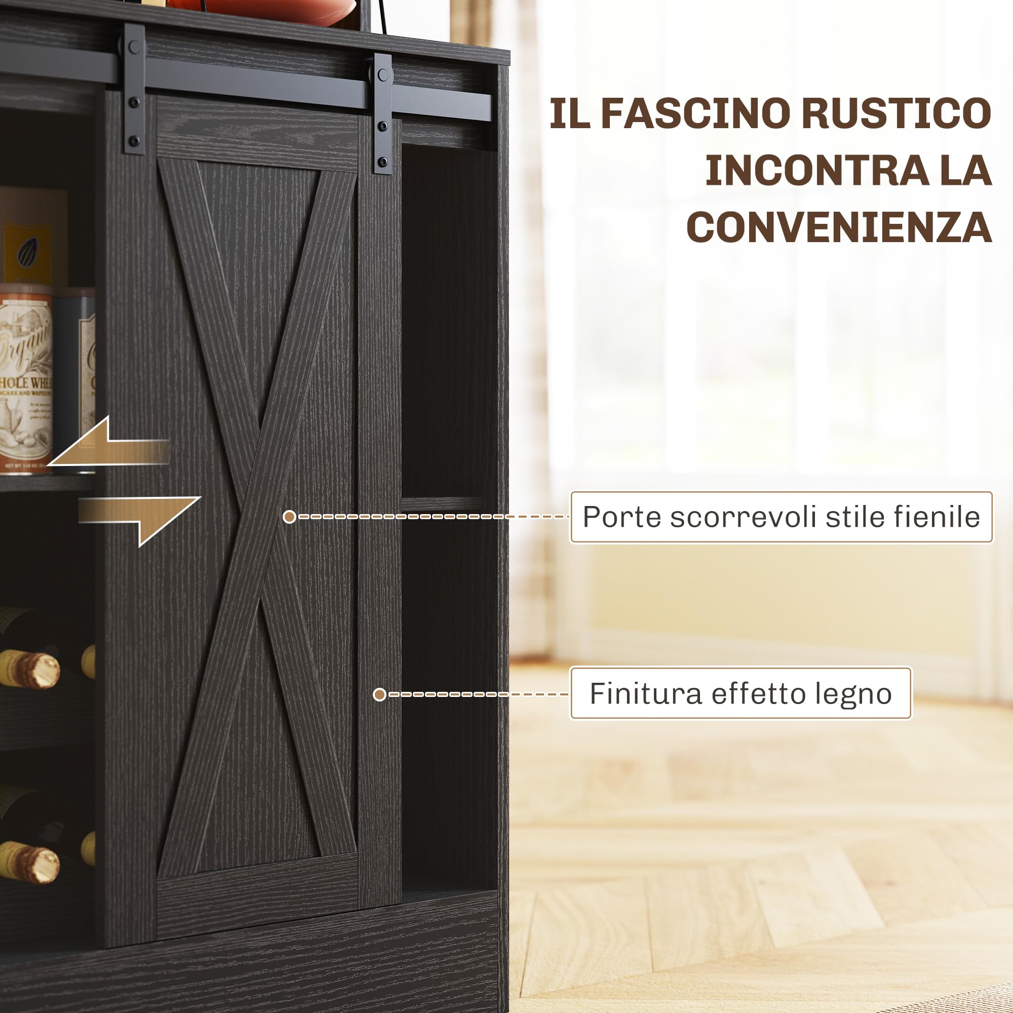 HOMCOM Credenza Cucina, Mobile Dispensa con Prese di Ricarica, Luci LED Regolabili, Portabottiglie Rimovibile per 6 Bottiglie, Mobile Buffet Ripiani Aperti, Ante Scorrevoli, per Sala da Pranzo, Nero