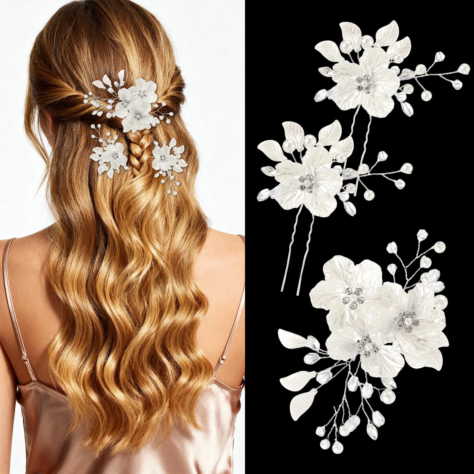 3pcs Large Flower Bridal Wedding Hair Pins, Pearl Hair Clips, for Brides