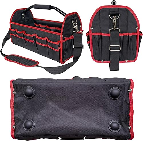 Miniatura 6 de Bolsa de herramientas para electricista de 16 pulgadas, con parte superior abierta, material reforzado 600D con 16 bolsillos externos, asa de acero