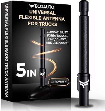 EcoAuto Universal Radio Truck Antenna (5 Flexible) - Fit for Ford, Dodge, GMC, Chevy, Jeep (2007+) - Perfect Truck Accessories for Men - Anti Theft, Carwash Safe, Short Replacement Antenna for Truck