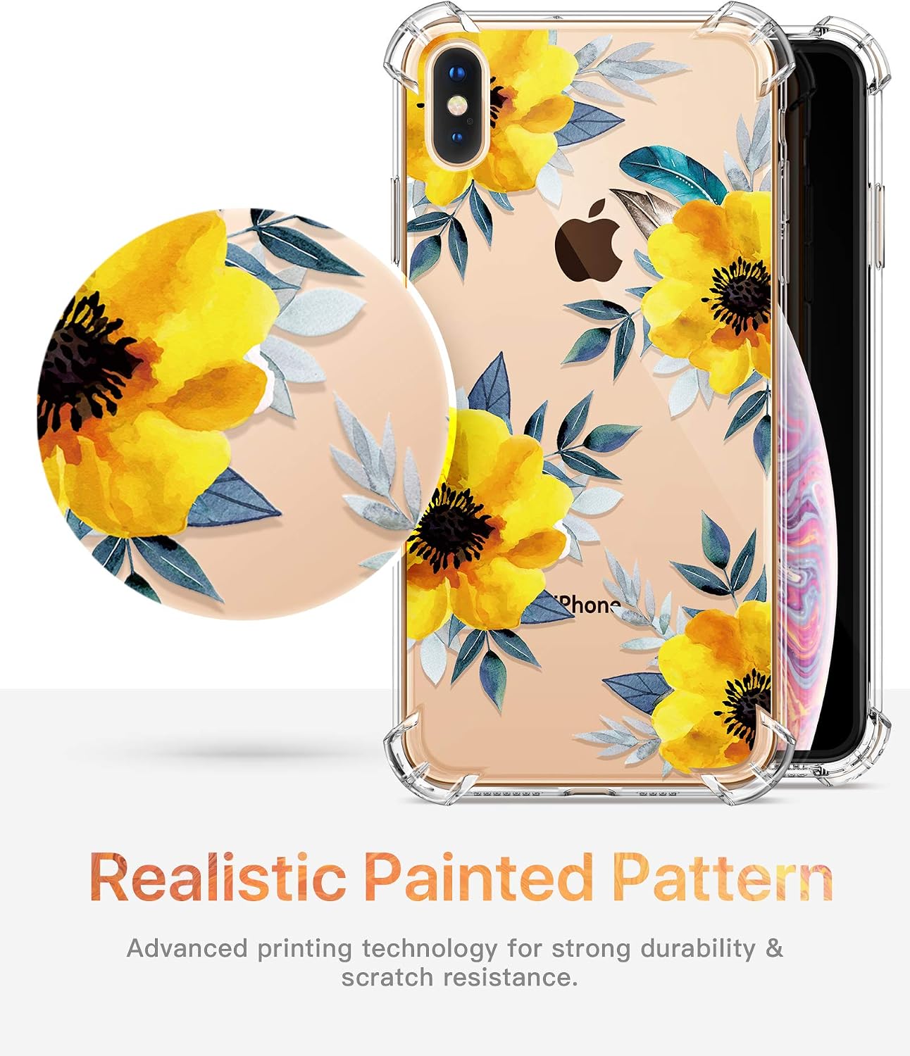 GVIEWIN Compatible with iPhone Xs/X Case, Clear Flower Pattern Design Soft & Flexible TPU Thin Shockproof Transparent Girls Women Floral Cover, 10 Cases 5.8” (Sunflowers/Yellow)