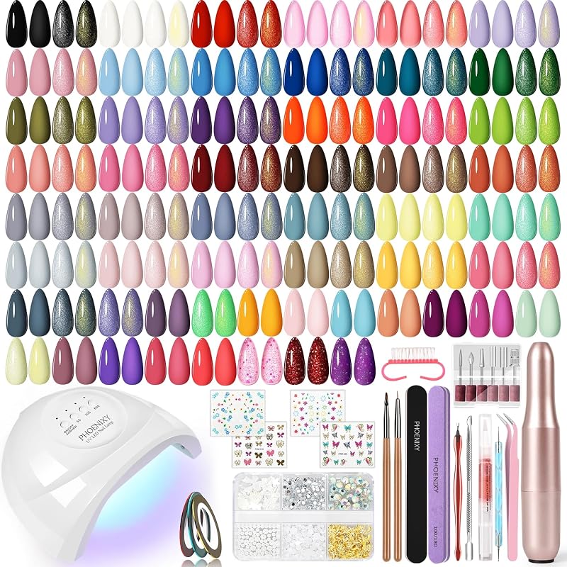 Phoenixy Kit de esmalte de uñas de gel de 86 piezas con luz U V y taladro de uñas | 55 colores, luz UV, taladro de uñas, 5 piezas de capa base superior brillante mate con purpurina dorada y plateada, juego de manicura DIY, regalos para mujeres