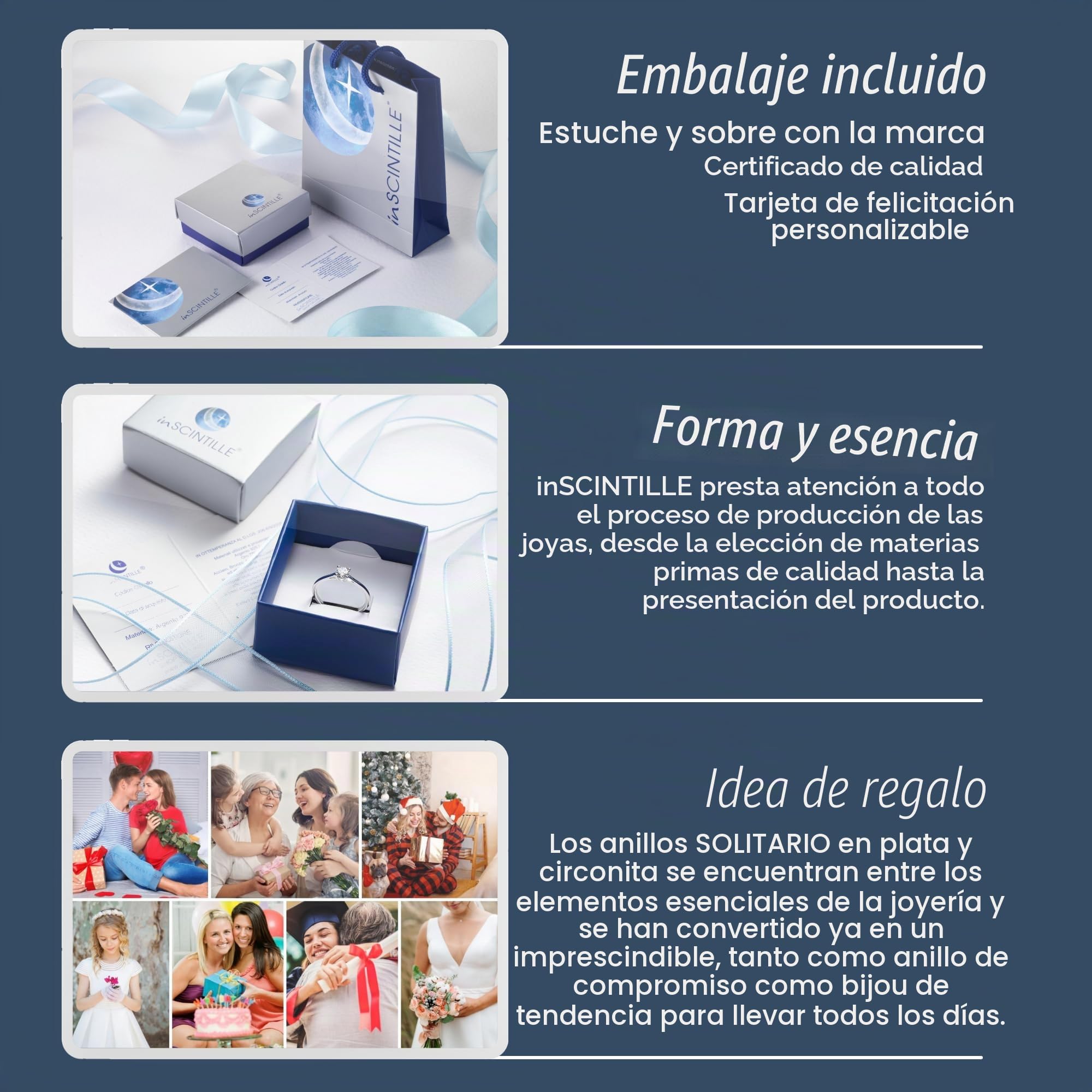 inSCINTILLE Anillo Solitario Mujer Plata 925 Rodinada con Circonita – Anillo de Compromiso con Caja de Regalo