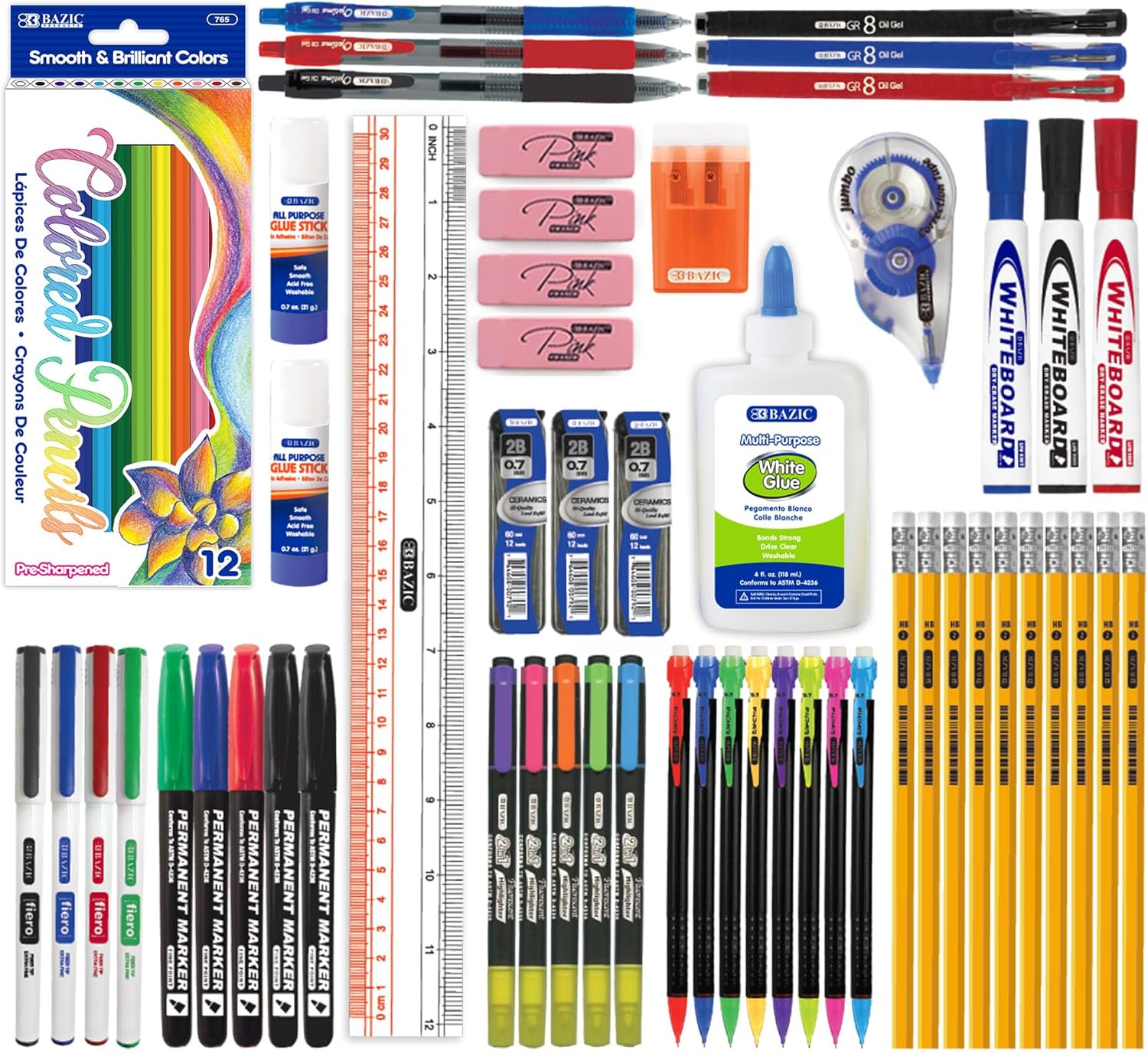 BAZIC PRODUCTS School Supplies Kit – 66 Piece Set for K–12 Students, Stationery Essentials with Colored Pencils, Markers, Pencils, Glue, Erasers, Highlighters, & Correction Tape, 1-Pack