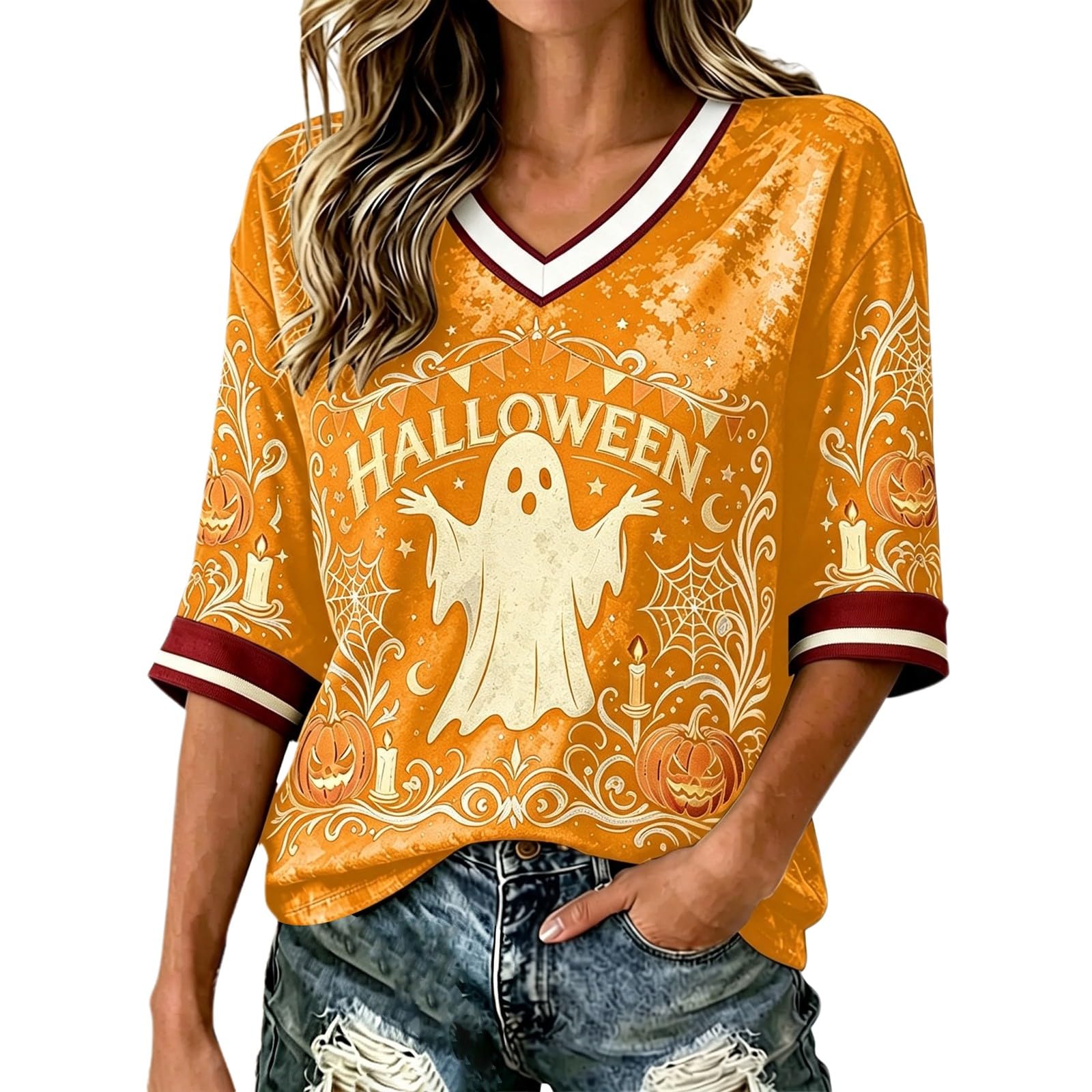 Salem Broom Co Halloween Shirts Women 3/4 Sleeve Vintage Witch Tops Funny Halloween Costumes Casual V Neck Witch Tee Shirts Novelty Fashion Festival Party Clothes (Z01-Orange, XXL)