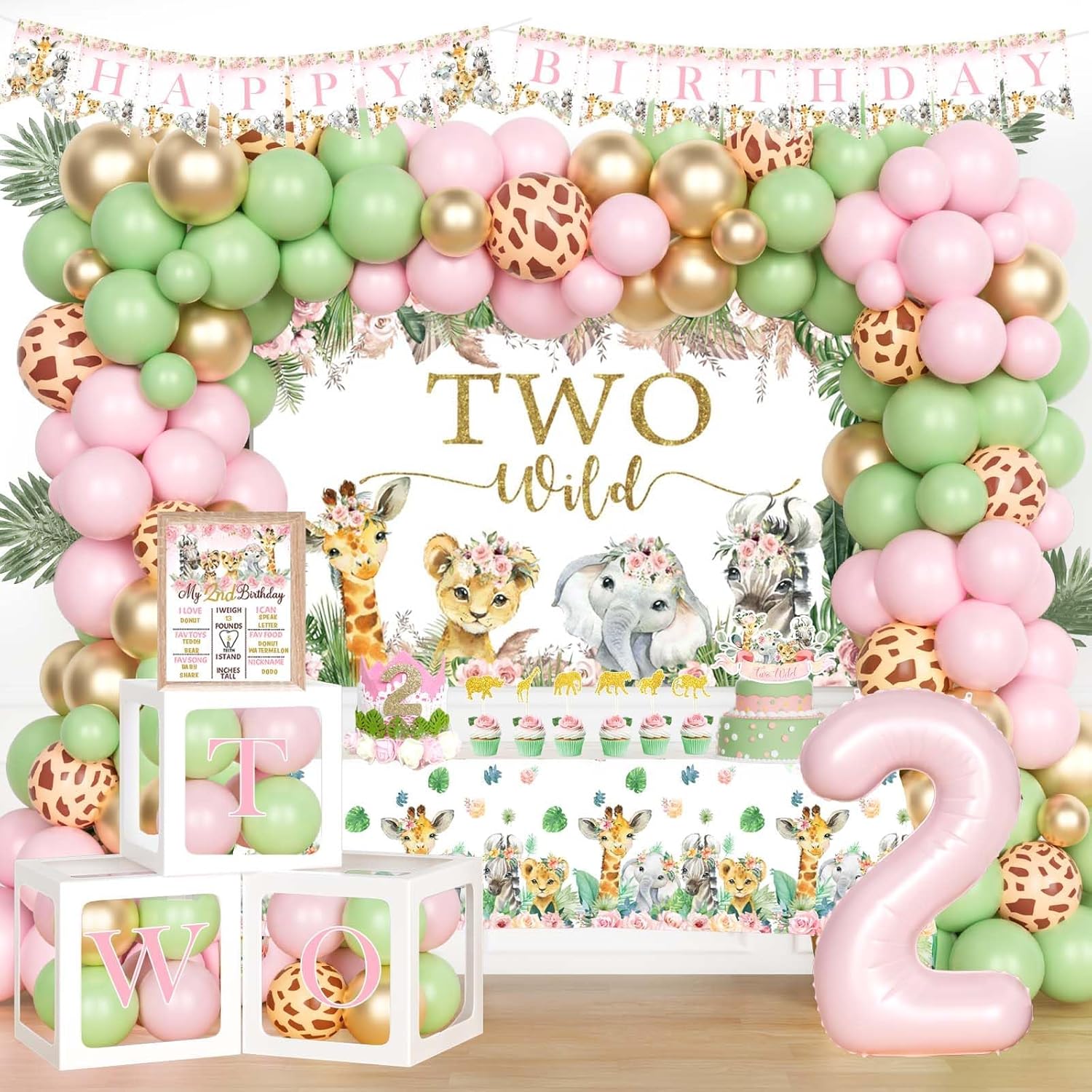 Hombae Two Wild Birthday Decorations Girl, 2nd Birthday Decorations for Girl, Born Two Be Wild Birthday Decor, Jungle Safari Animal Theme 2 Year Old Birthday Backdrop Banner for Second Birthday Girl